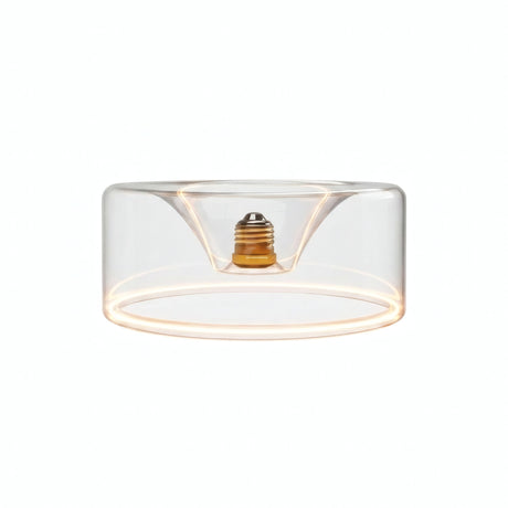 Ampoule LED donut E27 en verre transparent Ø 195 mm allumée, anneau lumineux ambré, fond blanc