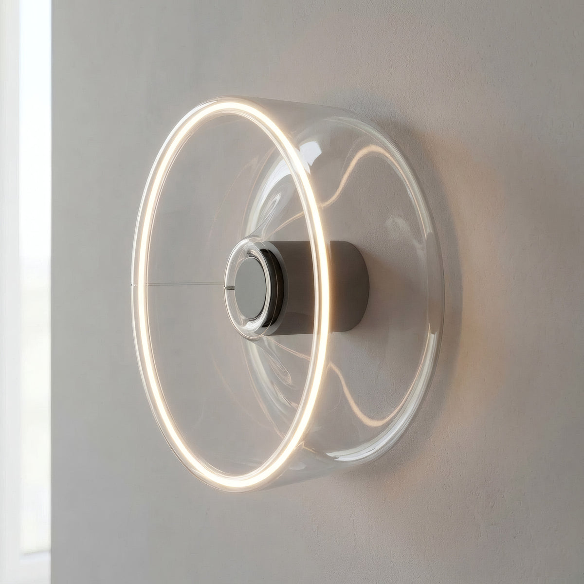 Ampoule LED donut E27 en verre transparent Ø 195 mm en applique murale, halo lumineux chaud