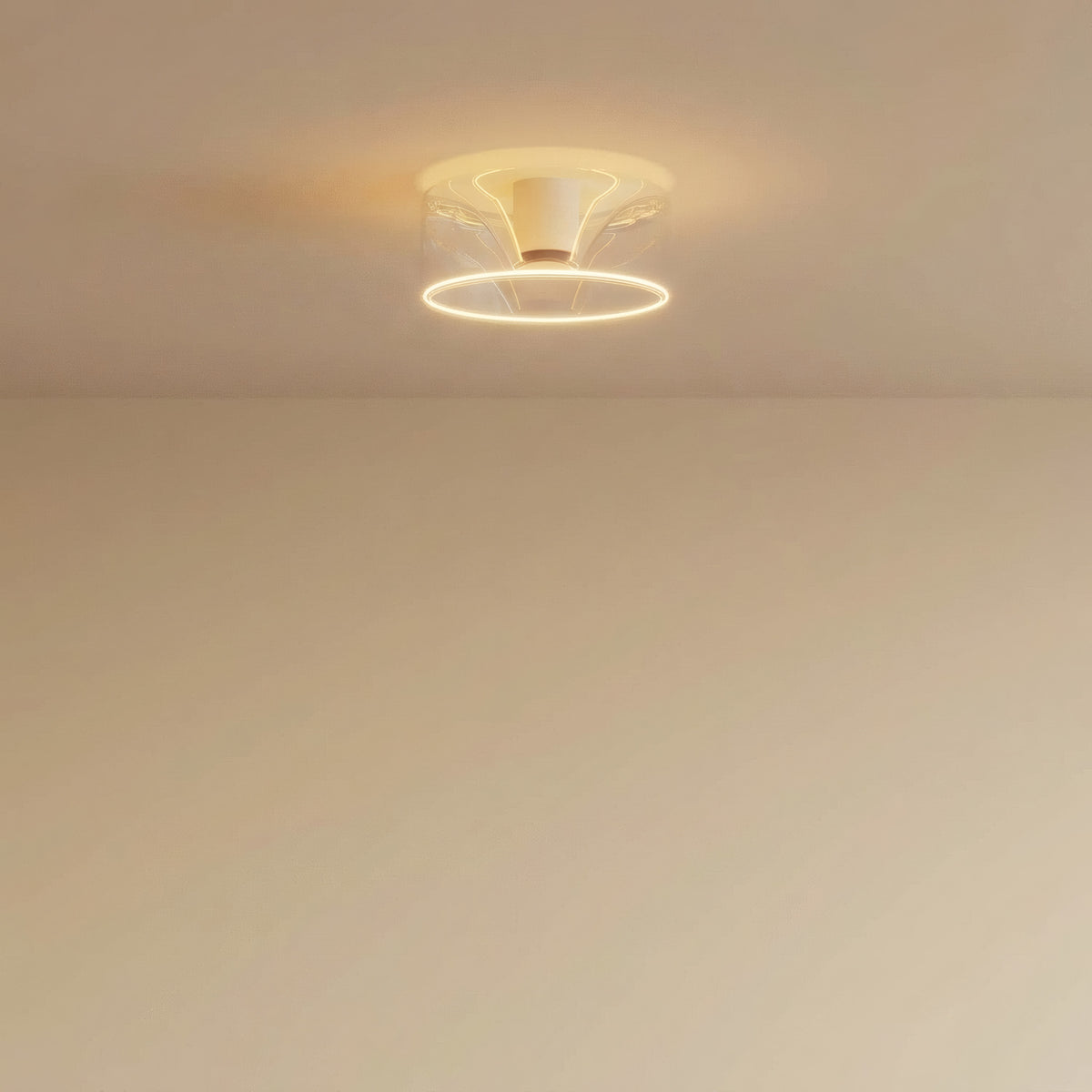 Ampoule LED donut E27 en verre transparent Ø 195 mm allumée au plafond d'un intérieur épuré
