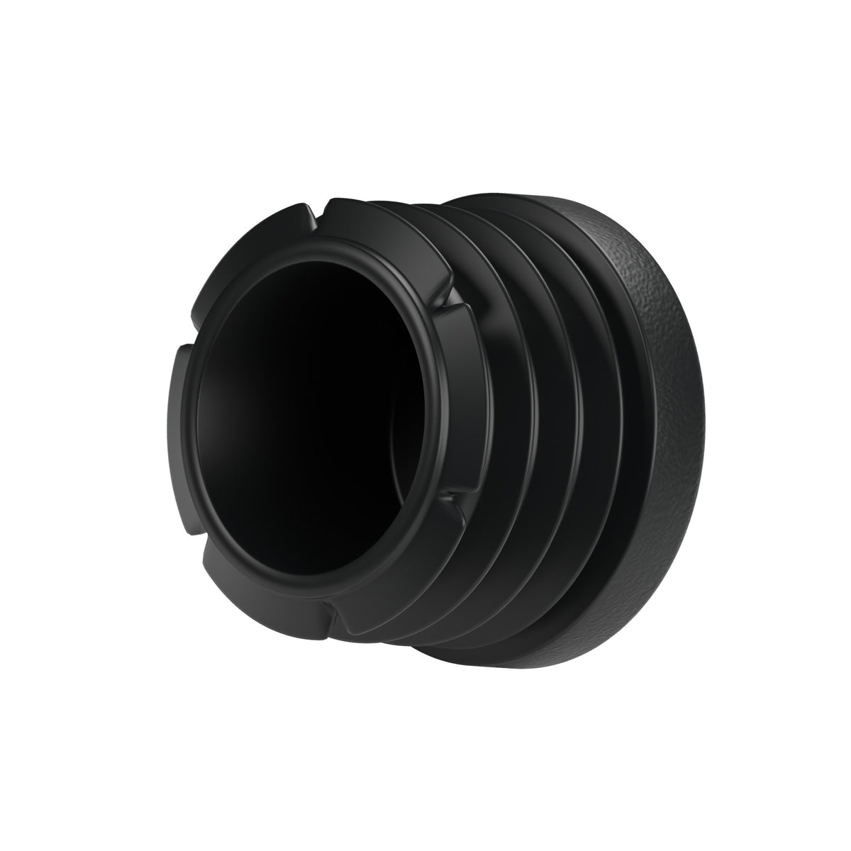 Insert plastique noir pour raccord femelle 1″ 26x34, vue de dessous : corps creux et ailettes