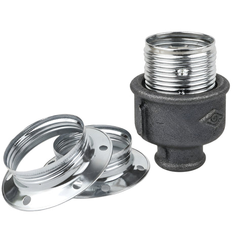 Kit douille E27 métal brillant argent sur raccord 1/2'' (15x21mm) femelle en fonte noire Eco