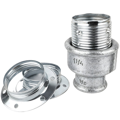 Kit douille E27 métal brillant argent sur raccord femelle en fonte galvanisée