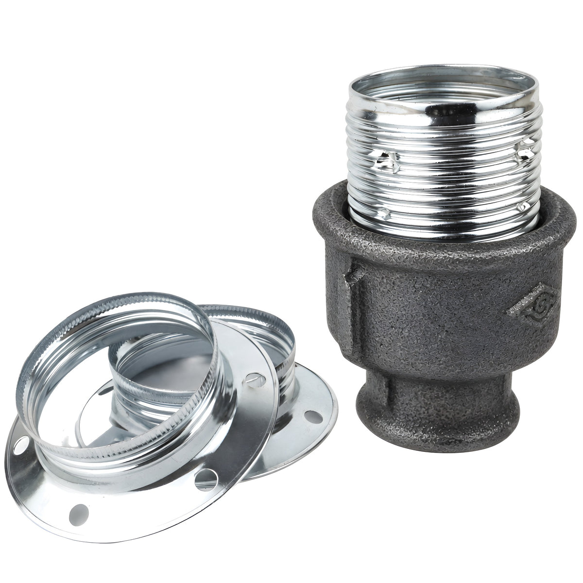 Kit douille E27 métal brillant argent sur raccord femelle en fonte noire Eco