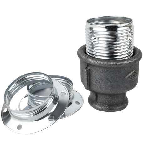 Kit douille E27 métal brillant argent sur raccord femelle en fonte noire Eco