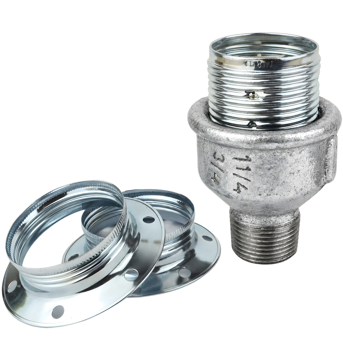 Kit douille E27 métal brillant argent sur raccord mâle en fonte galvanisée