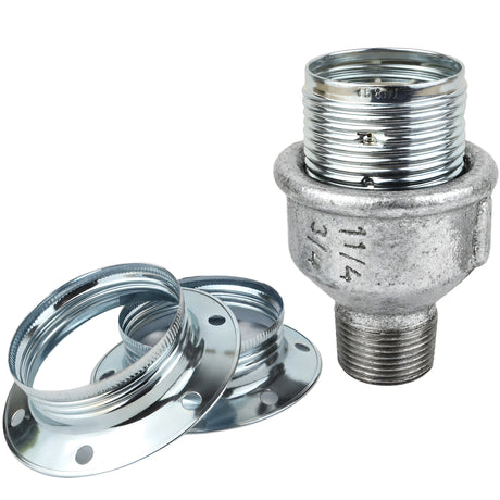 Kit douille E27 métal brillant argent sur raccord mâle en fonte galvanisée
