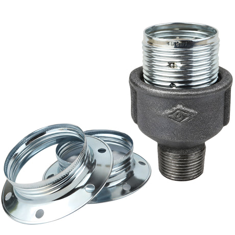 Kit douille E27 métal brillant argent sur raccord mâle en fonte noire Eco