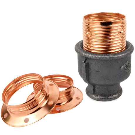 Kit douille E27 métal brillant cuivre sur raccord femelle en fonte noire Eco