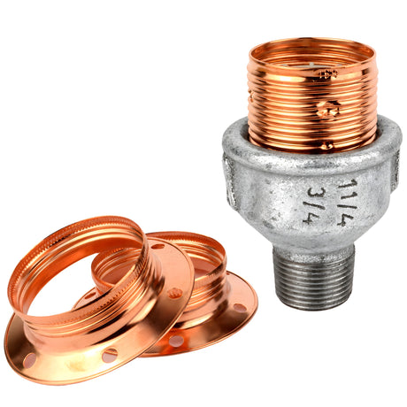 Kit douille E27 métal brillant cuivre sur raccord mâle en fonte galvanisée