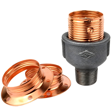 Kit douille E27 métal brillant cuivre sur raccord mâle en fonte noire Eco
