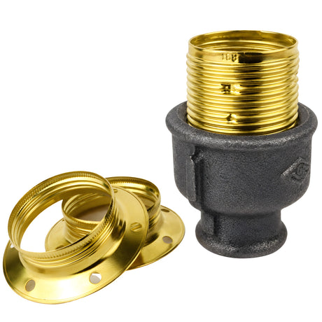 Kit douille E27 métal brillant laiton sur raccord femelle en fonte noire Eco