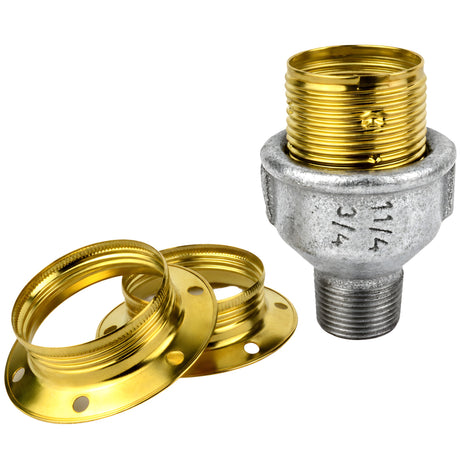 Kit douille E27 métal brillant laiton sur raccord mâle en fonte galvanisée