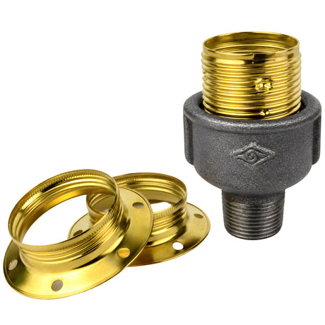 Kit douille E27 métal brillant laiton sur raccord mâle en fonte noire Eco