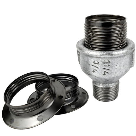 Kit douille E27 métal brillant noir sur raccord mâle en fonte galvanisée