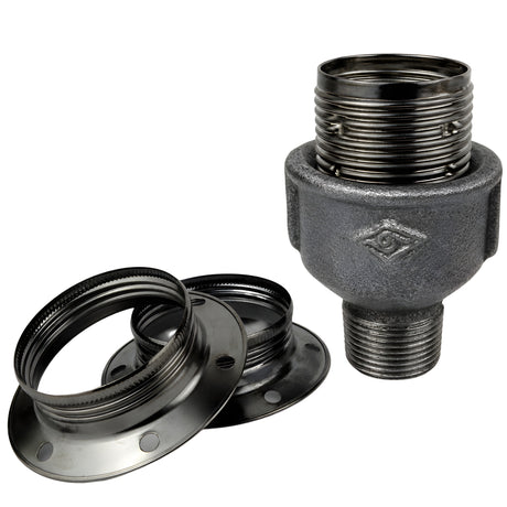Kit douille E27 métal brillant noir sur raccord mâle en fonte noire Eco