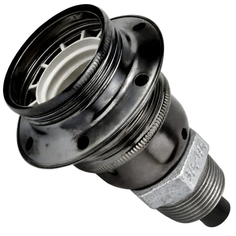 Kit douille E27 métal brillant noir sur raccord mâle en fonte galvanisée