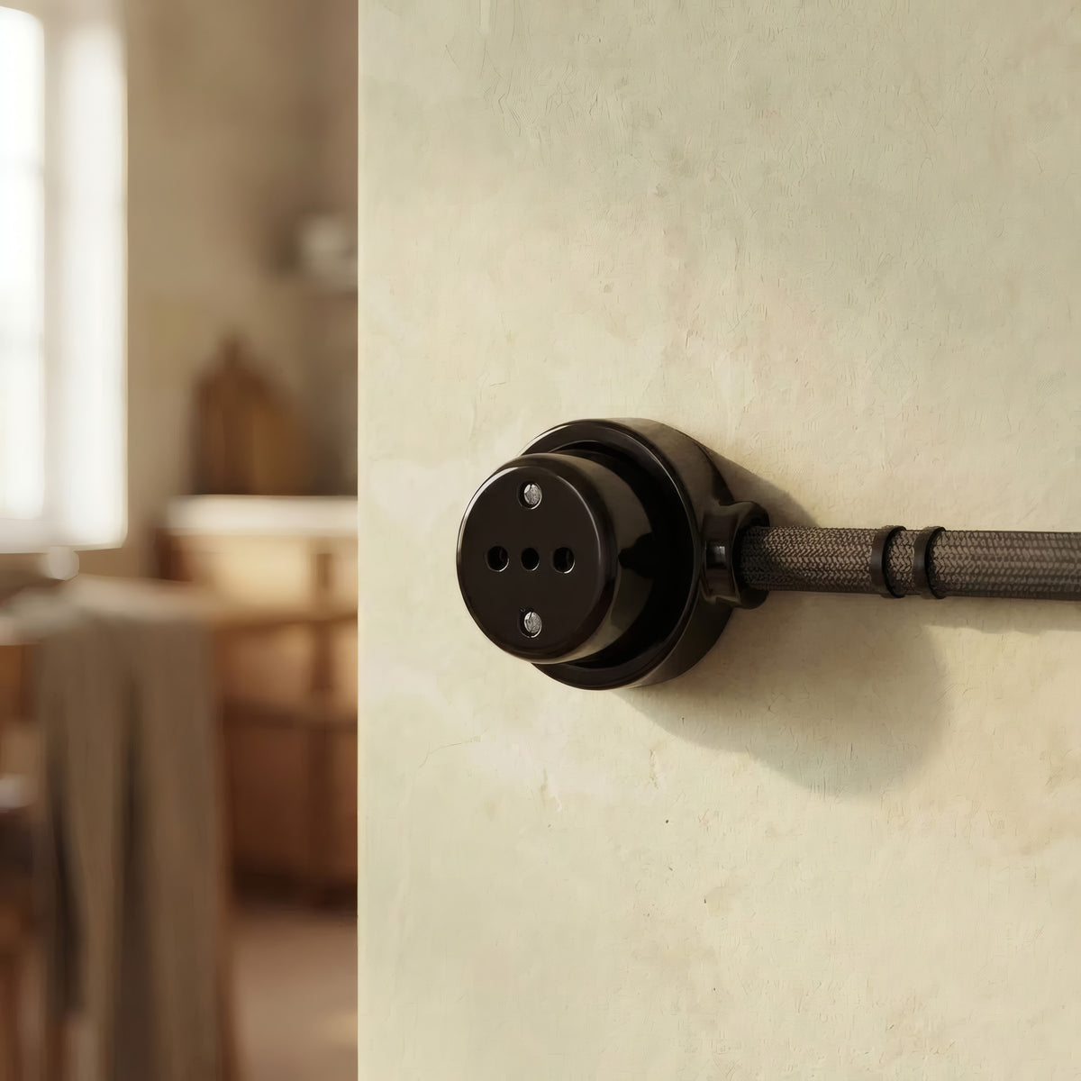 Kit prise murale et socle en porcelaine — Italienne 2P+T 10/16 A / Noir / Plat Ø 100 mm