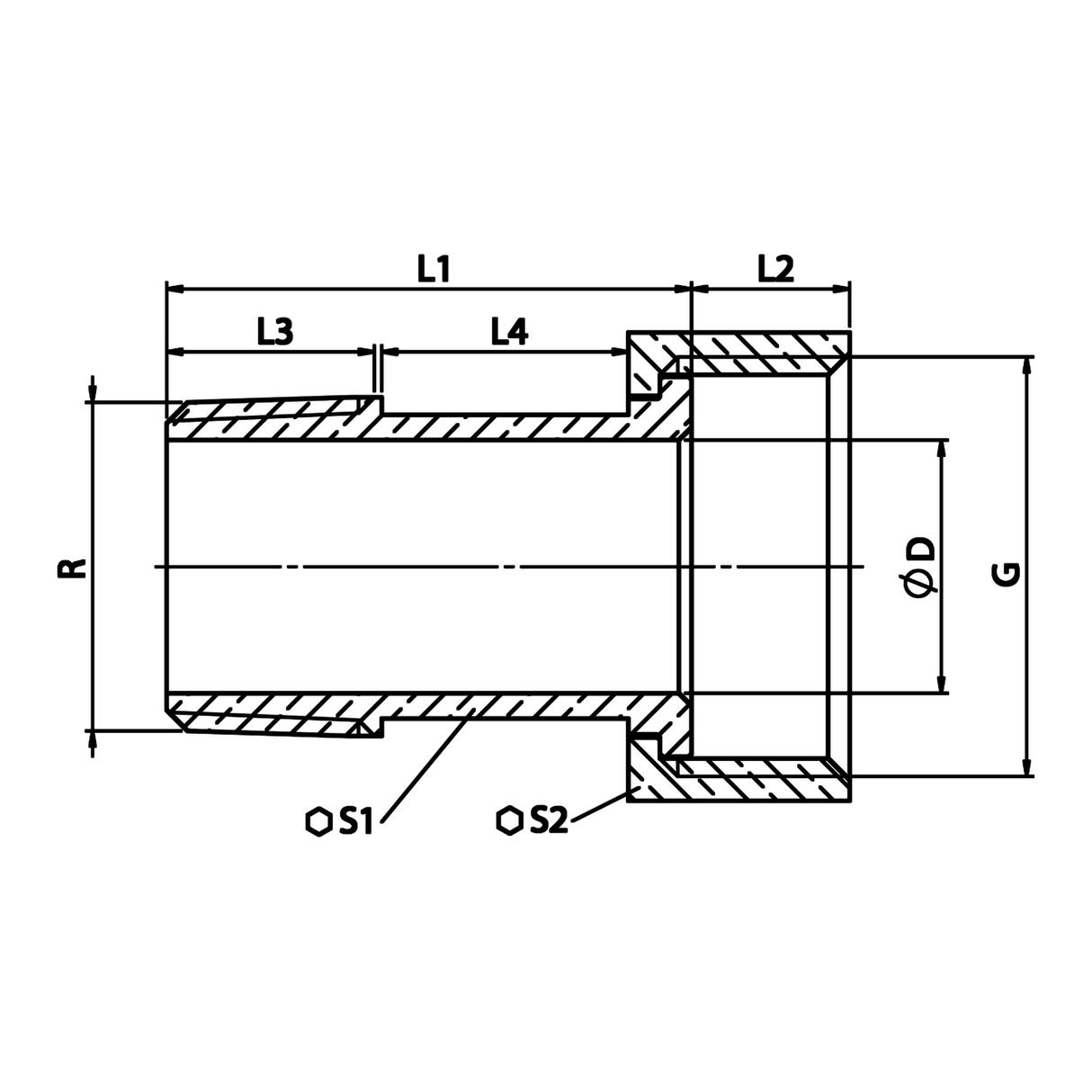 Dessin technique coté : Demi-raccord union compteur, filetage conique R laiton (réf. 2309)