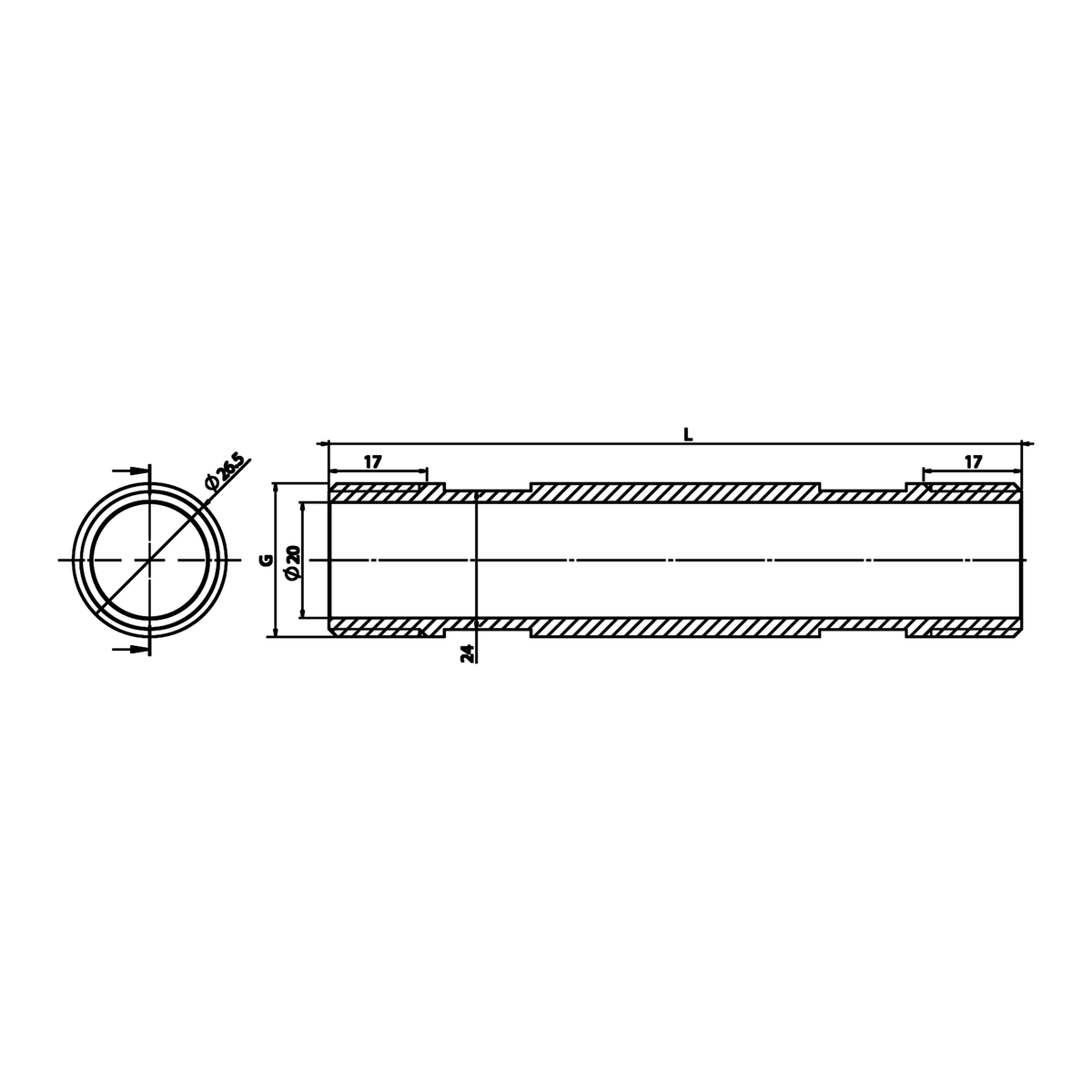 Dessin technique coté : Tube d'attente M/M pour compteur d'eau laiton (réf. 2311)