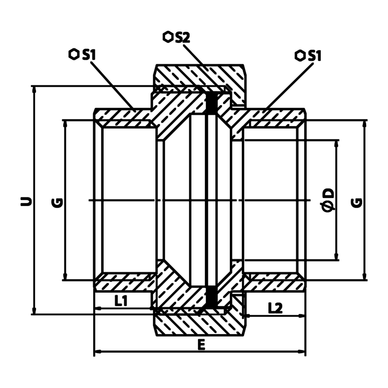 Dessin technique coté : Union à portée plate F/F, joint EPDM laiton (réf. 2330)