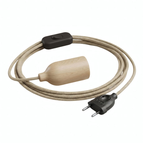 Lampe baladeuse câble textile jute, douille bois et prise, autre vue de profil