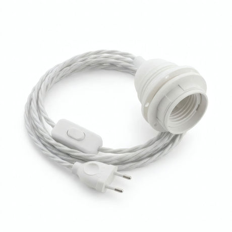 Lampe baladeuse câble textile torsadé, coton blanc optique, douille E27 avec bagues pour abat-jour