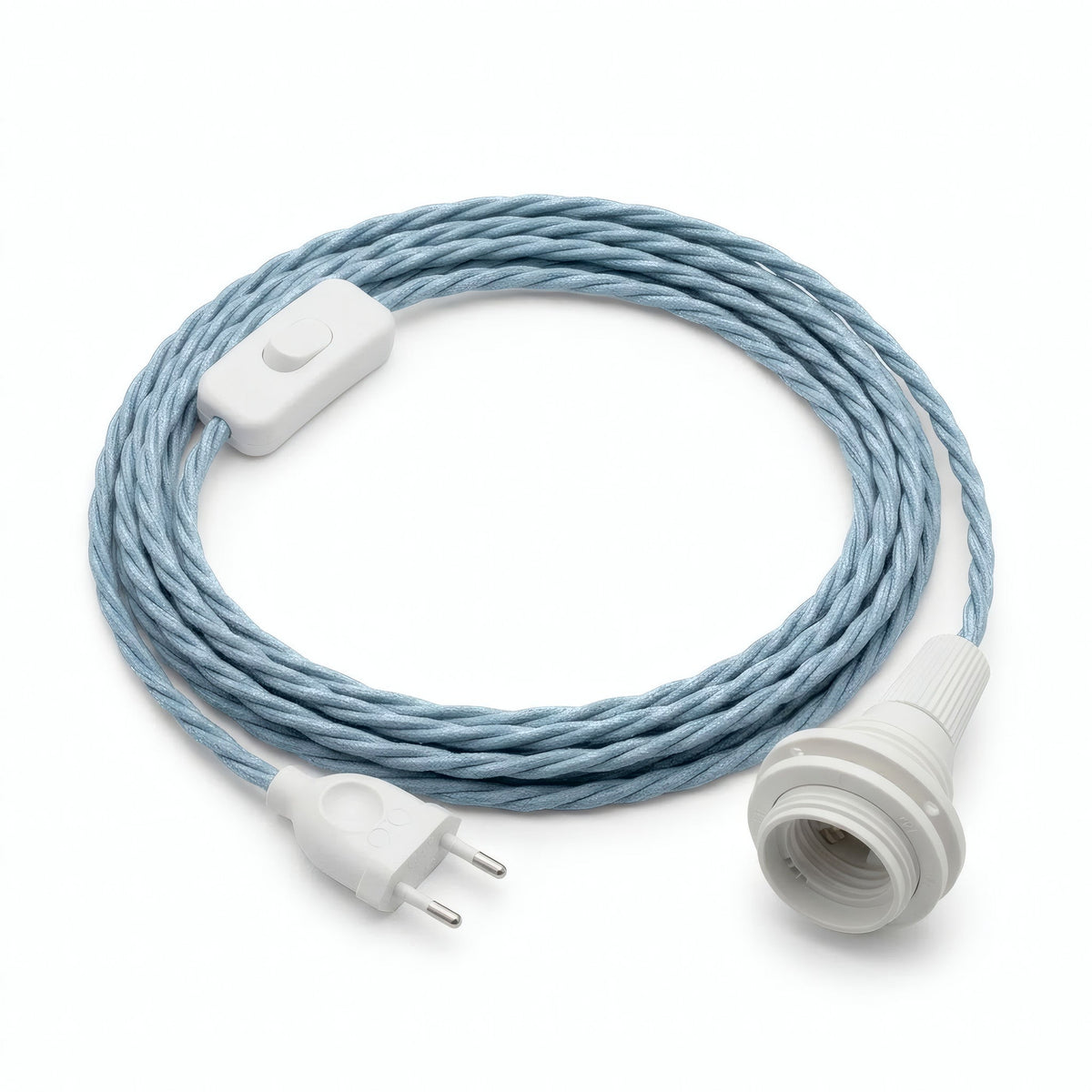 Lampe baladeuse câble textile torsadé, coton bleu océan, douille E14 avec bagues pour abat-jour