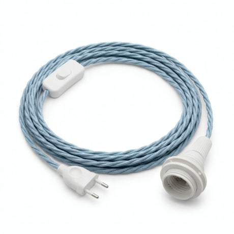 Lampe baladeuse câble textile torsadé, coton bleu océan, douille E14 avec bagues pour abat-jour