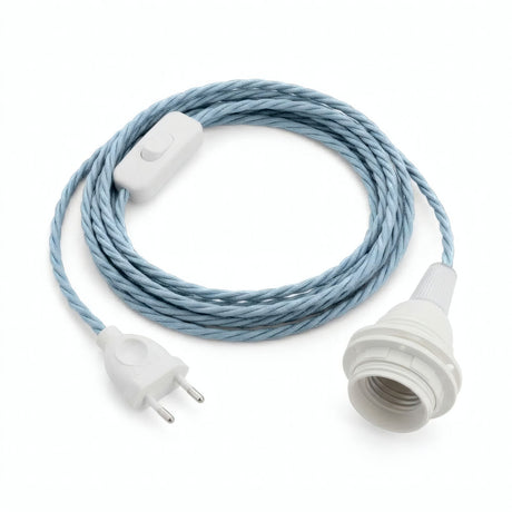 Lampe baladeuse câble textile torsadé, coton bleu océan, douille E27 avec bagues pour abat-jour