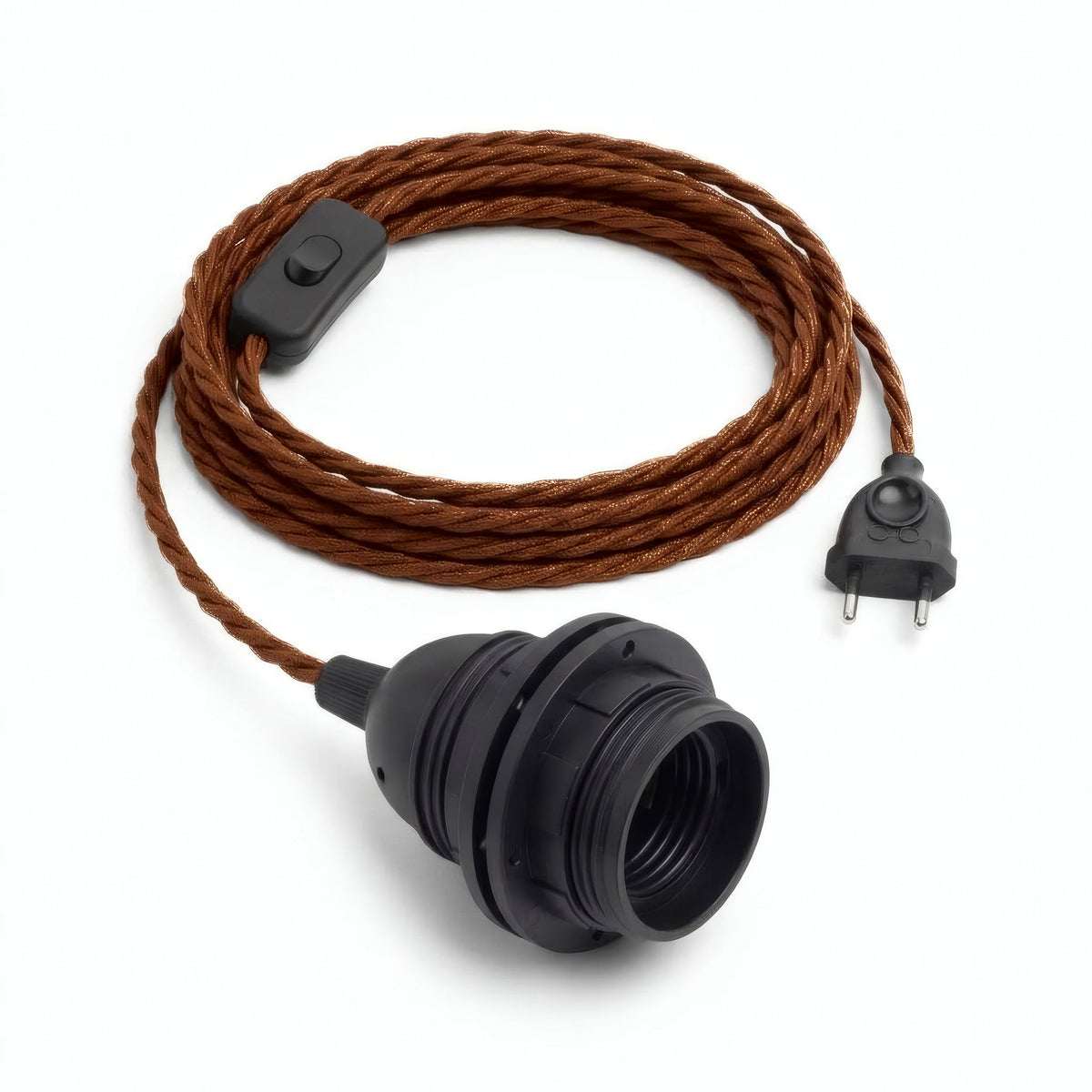 Lampe baladeuse câble textile torsadé, coton marron cannelle, douille E27 avec bagues pour abat-jour