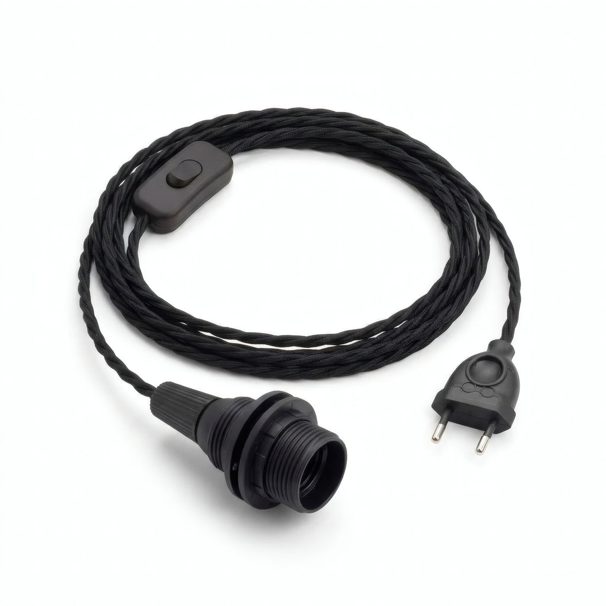 Lampe baladeuse câble textile torsadé, coton noir charbon, douille E14 avec bagues pour abat-jour