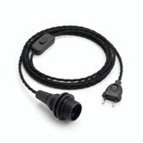 Lampe baladeuse câble textile torsadé, coton noir charbon, douille E14 avec bagues pour abat-jour