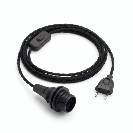 Lampe baladeuse câble textile torsadé, coton noir charbon, douille E14 avec bagues pour abat-jour
