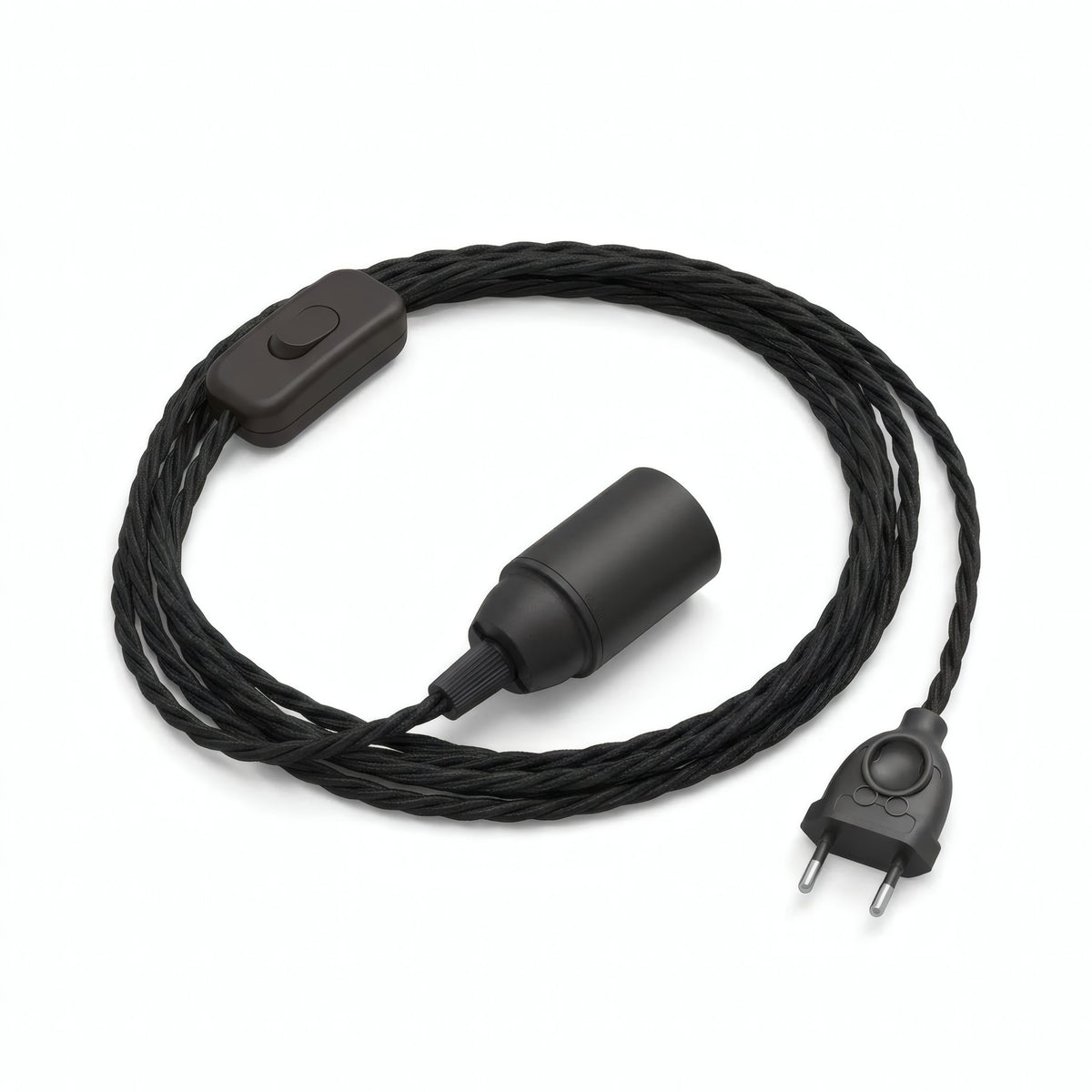Lampe baladeuse câble textile torsadé, coton noir charbon, douille E14