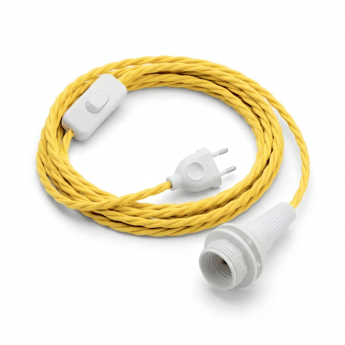 Lampe baladeuse câble textile torsadé, effet soie jaune maïs, douille E14 avec bagues pour abat-jour
