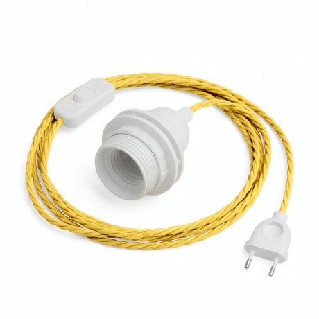 Lampe baladeuse câble textile torsadé, effet soie jaune maïs, douille E27 avec bagues pour abat-jour