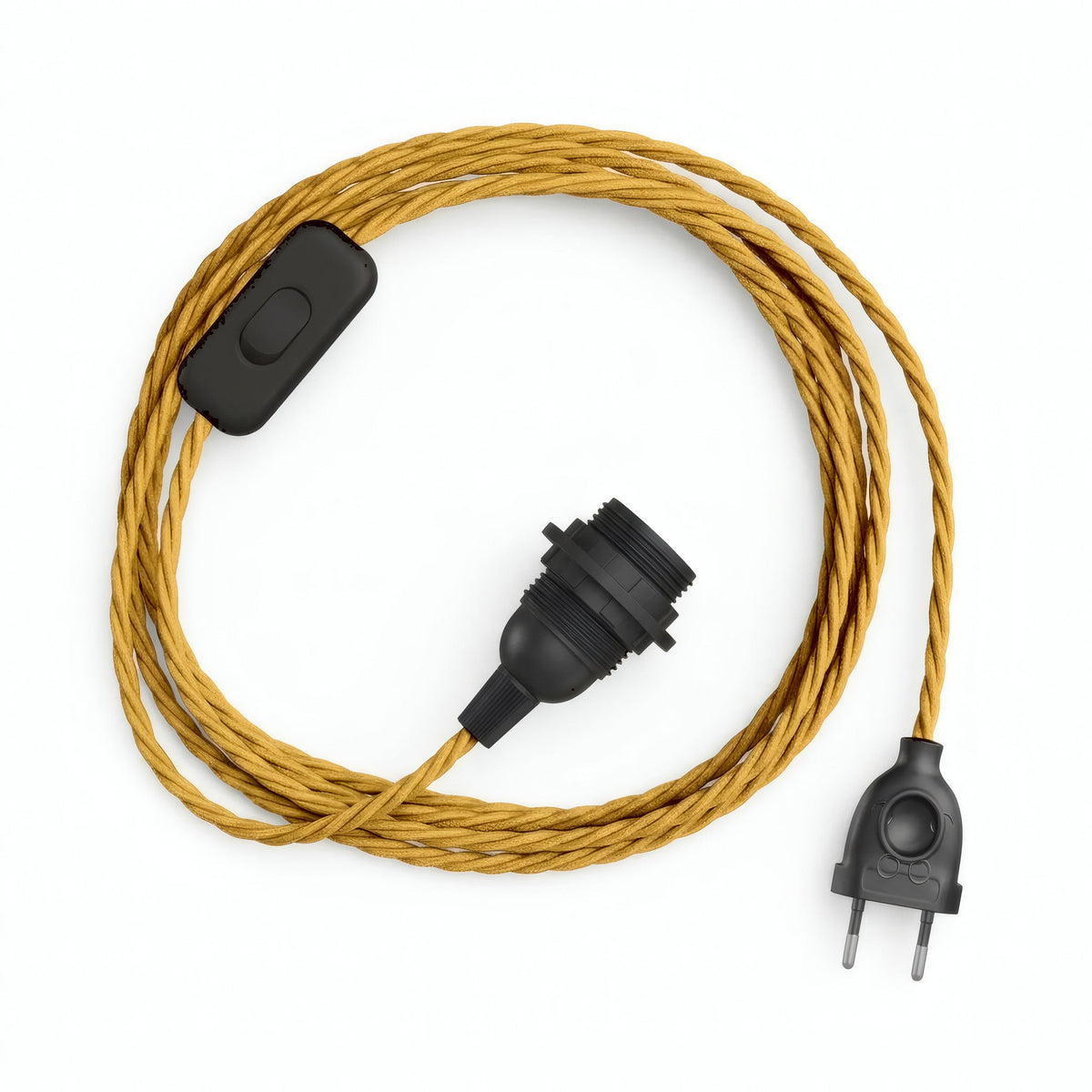 Lampe baladeuse câble textile torsadé, effet soie jaune moutarde, douille E14 avec bagues pour abat-jour