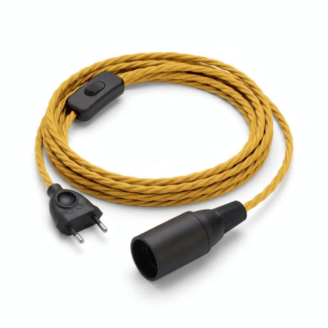 Lampe baladeuse câble textile torsadé, effet soie jaune moutarde, douille E14