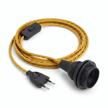 Lampe baladeuse câble textile torsadé, effet soie jaune moutarde, douille E27 avec bagues pour abat-jour