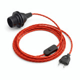 Lampe baladeuse câble textile torsadé, effet soie rouge feu, douille E27 avec bagues pour abat-jour