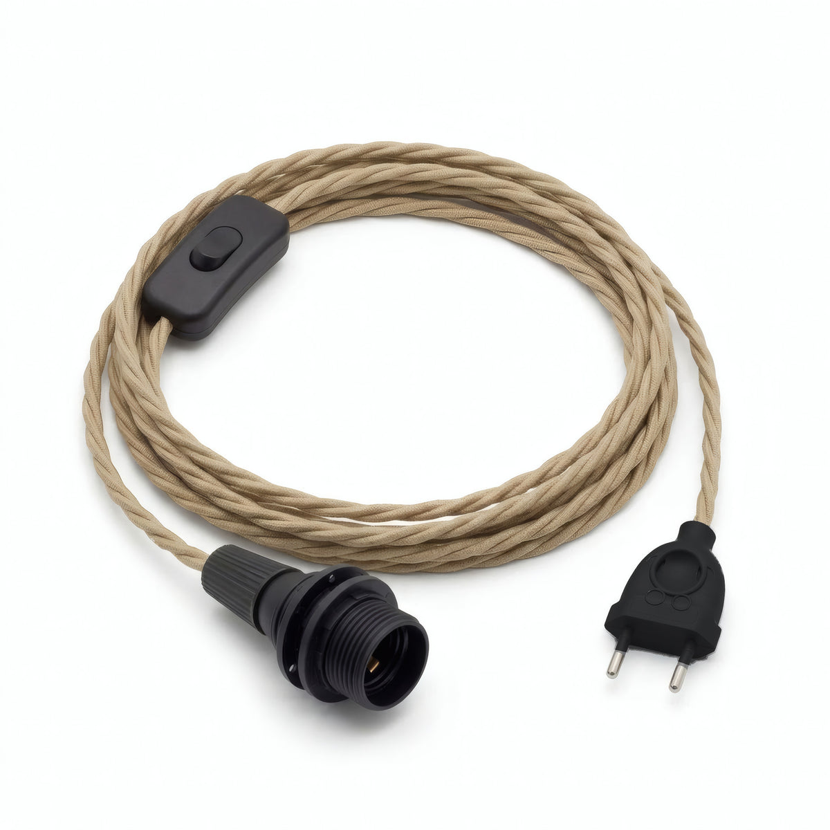 Lampe baladeuse câble textile torsadé, jute naturel, douille E14 avec bagues pour abat-jour