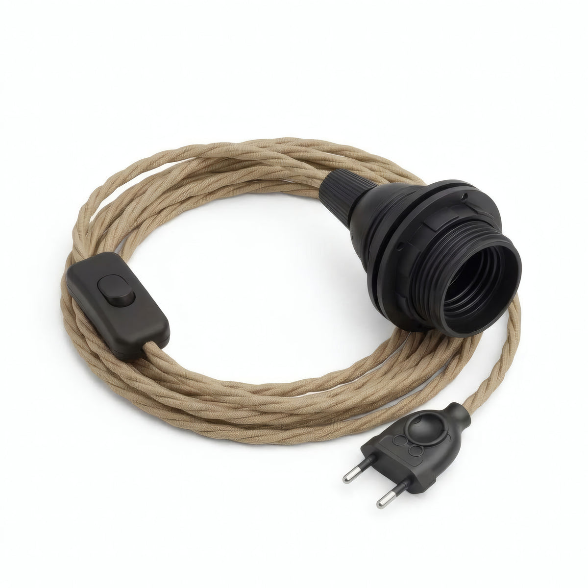 Lampe baladeuse câble textile torsadé, jute naturel, douille E27 avec bagues pour abat-jour