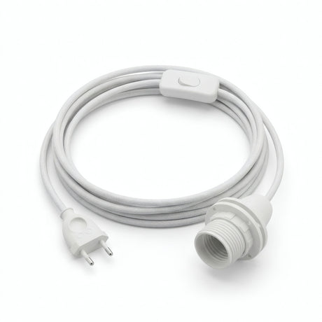 Lampe baladeuse câble textile uni, coton blanc optique, douille E14 avec bagues pour abat-jour