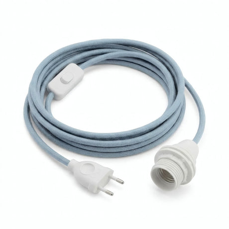 Lampe baladeuse câble textile uni, coton bleu océan, douille E14 avec bagues pour abat-jour
