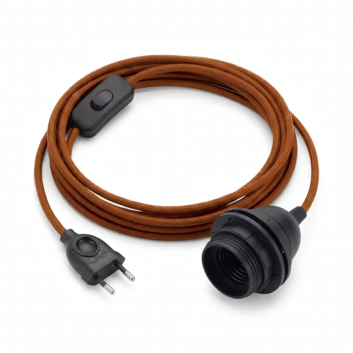 Lampe baladeuse câble textile uni, coton marron cannelle, douille E27 avec bagues pour abat-jour