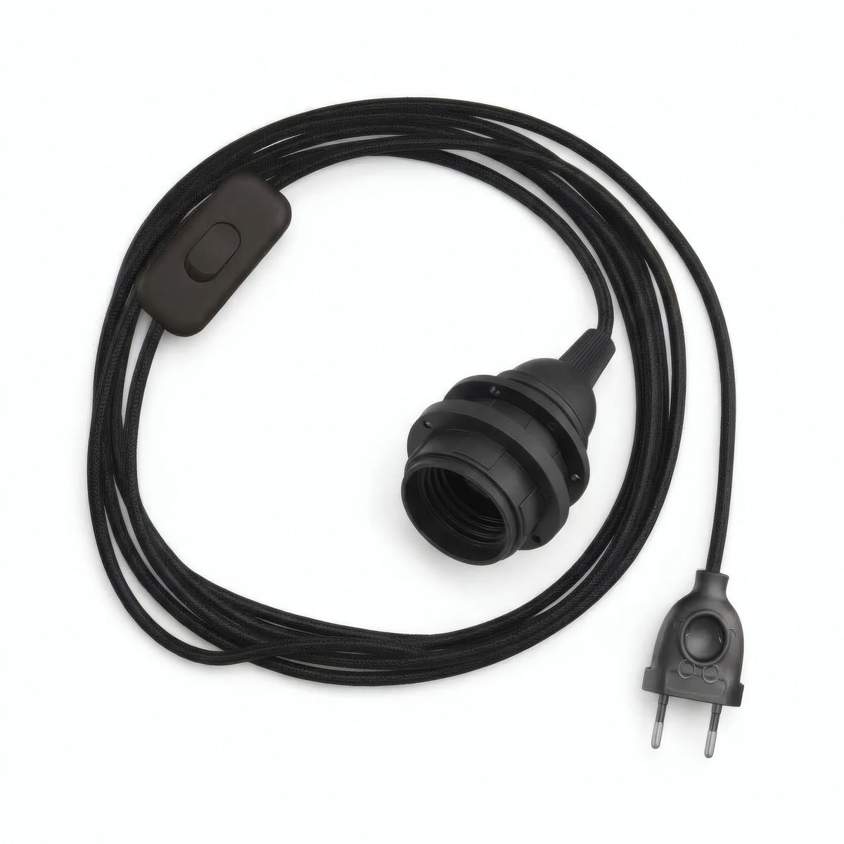 Lampe baladeuse câble textile uni, coton noir charbon, douille E27 avec bagues pour abat-jour