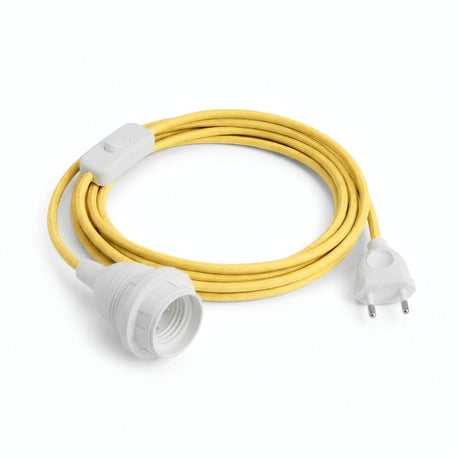 Lampe baladeuse câble textile uni, effet soie jaune maïs, douille E27 avec bagues pour abat-jour