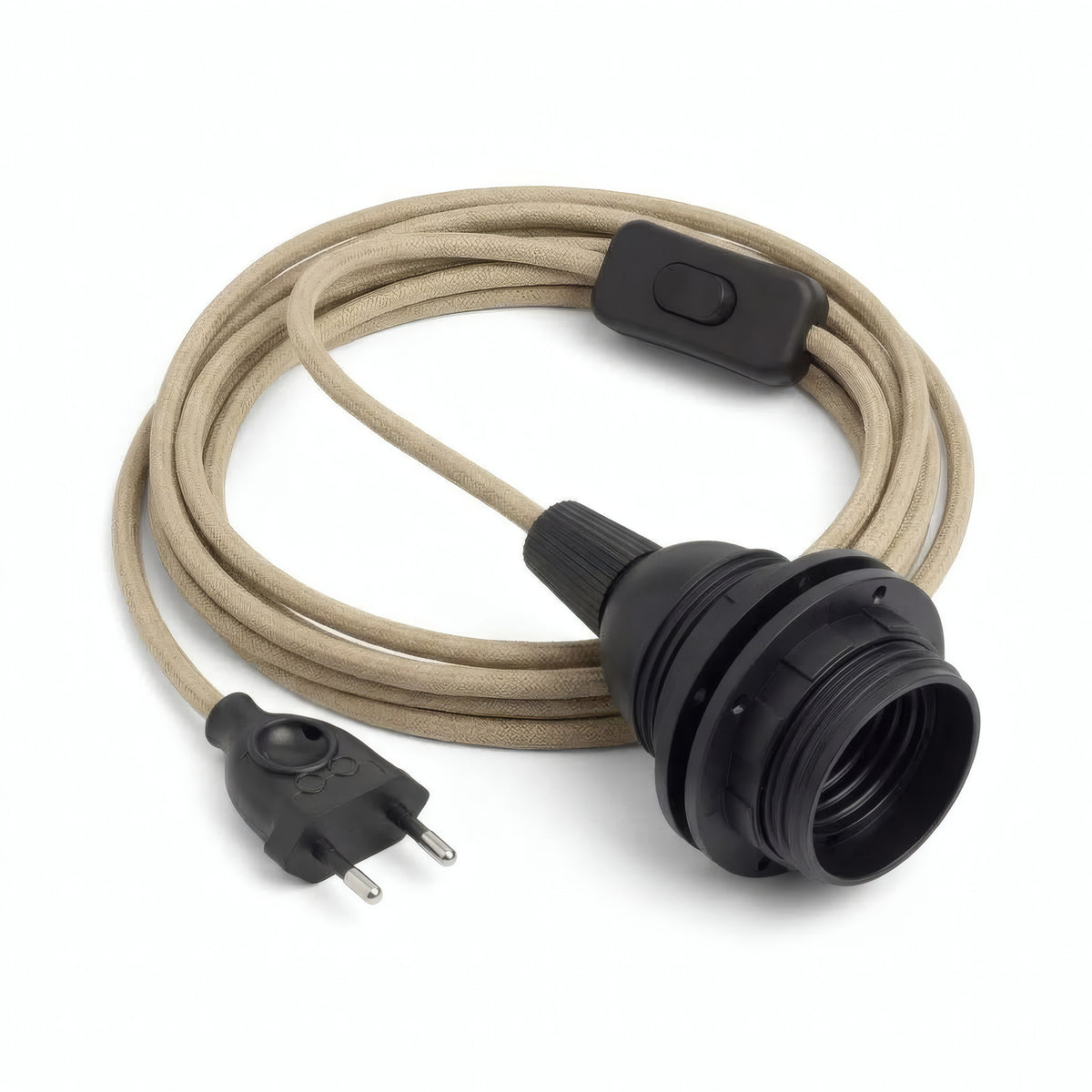 Lampe baladeuse câble textile uni, jute naturel, douille E27 avec bagues pour abat-jour