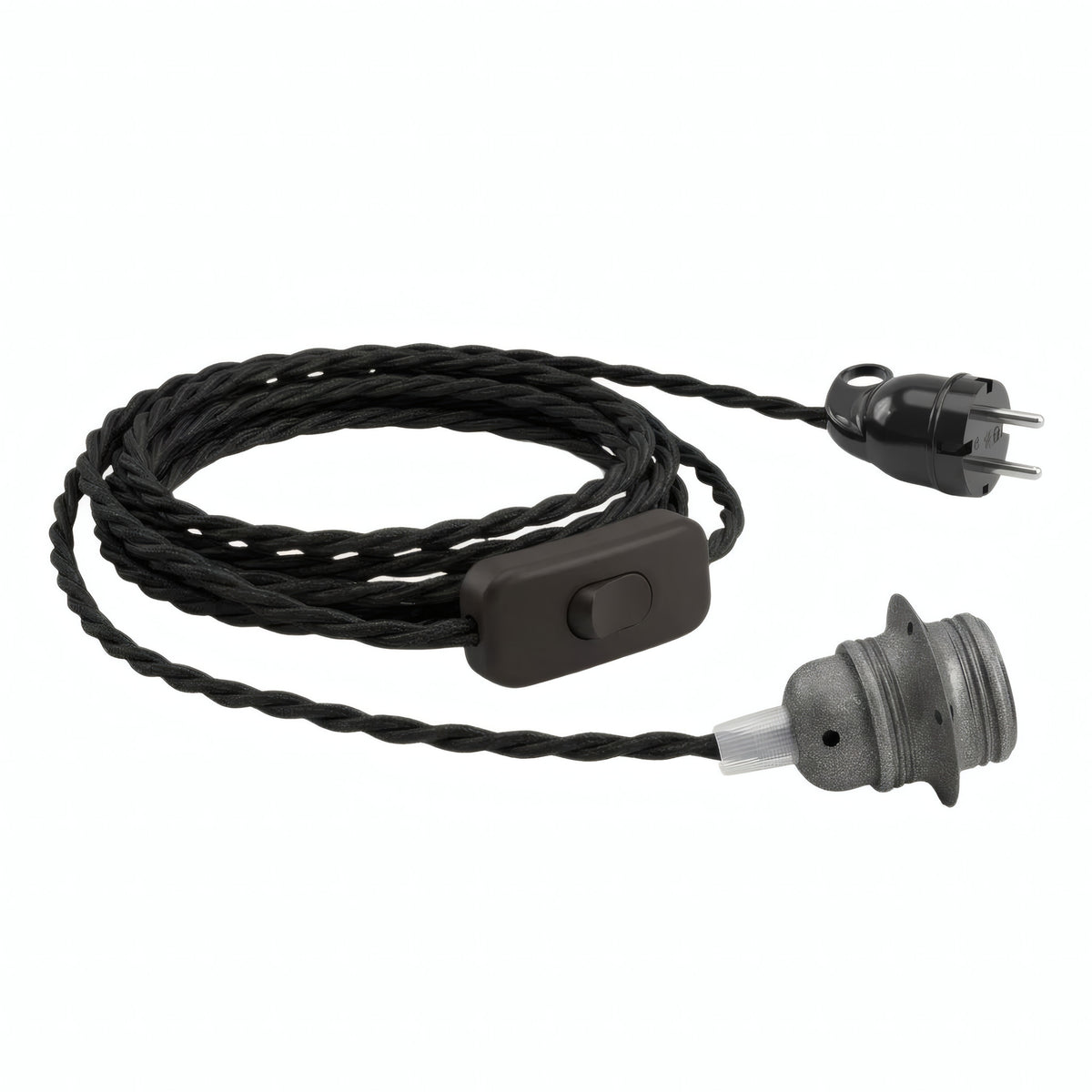 Lampe baladeuse câble textile torsadé, douille métal gris foncé, prise Schuko, autre vue