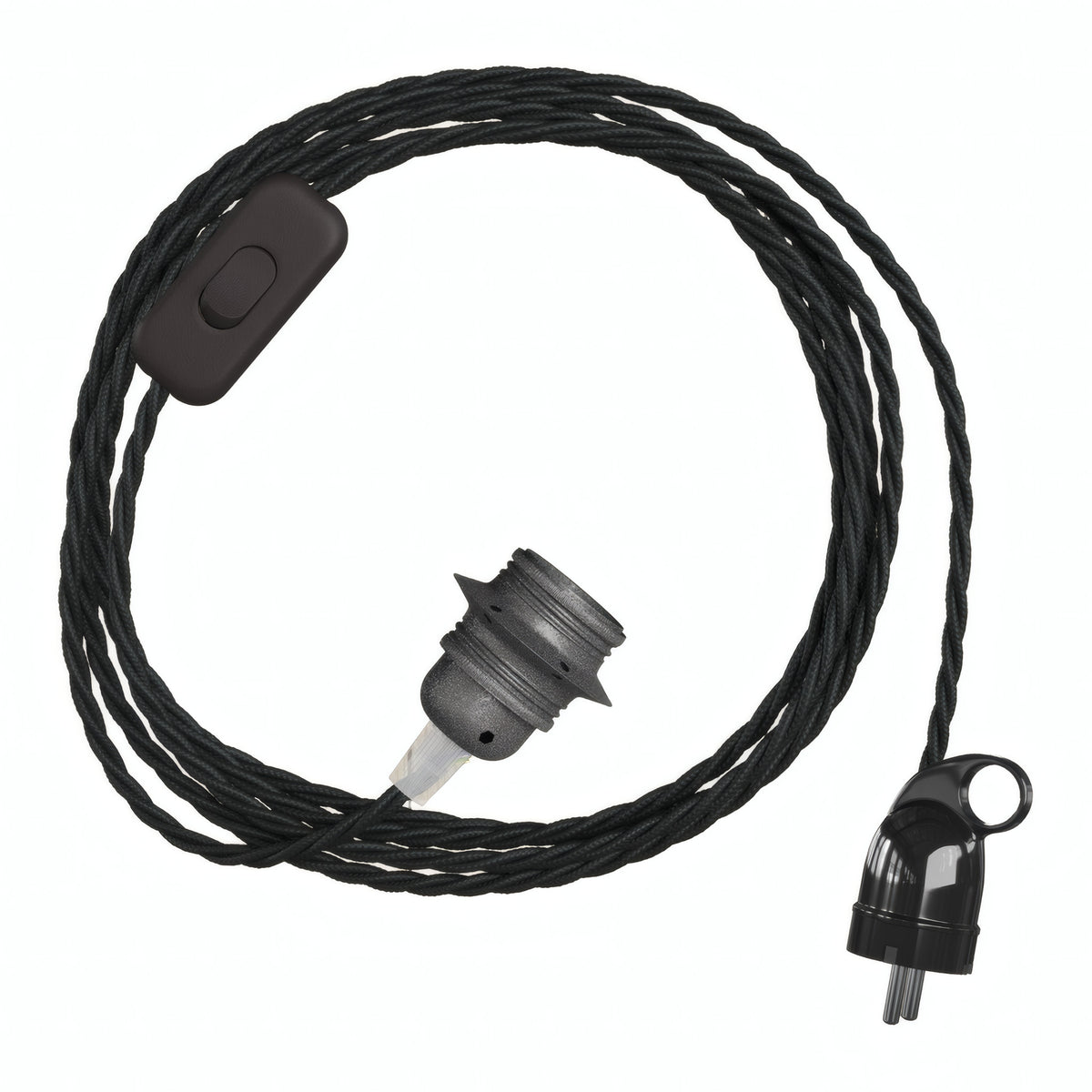 Lampe baladeuse câble textile torsadé, douille métal gris foncé, prise Schuko